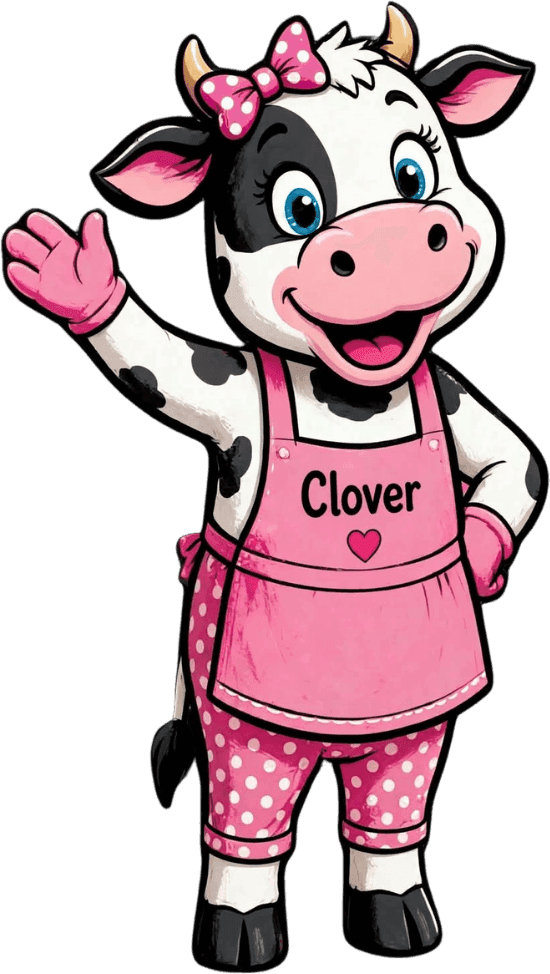 Clover, the TeKi's Place cow mascot, waving hello